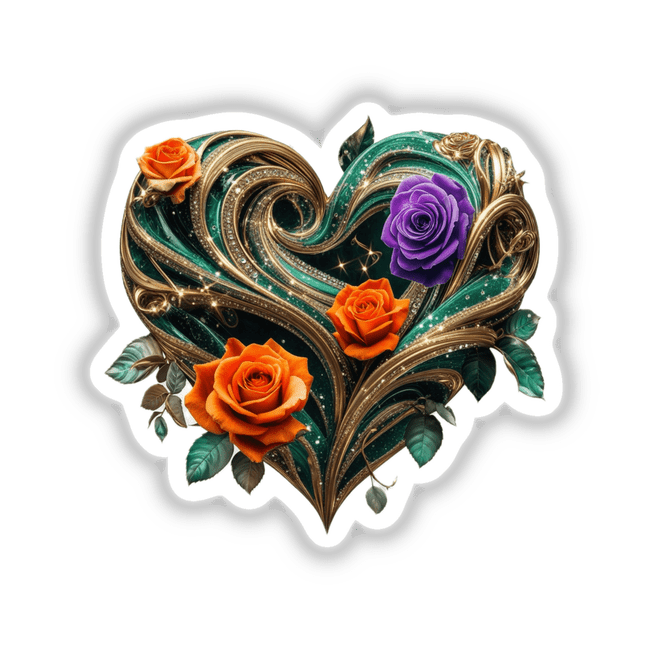 Emerald Gold Heart with Orange and Purple Roses featuring a heart-shaped design adorned with vibrant floral arrangements, available as stickers or digital artwork from Decal Venue.