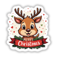 Merry Christmas Cute Reindeer Smiling: A cartoon reindeer with a red ribbon, holding a red banner, designed as a sticker or digital artwork.