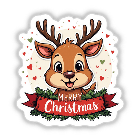 Merry Christmas Cute Reindeer Smiling: A cartoon reindeer with a red ribbon, holding a red banner, designed as a sticker or digital artwork.