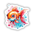 Bubbly Goldfish: Cute Watercolor Vector Art Sticker depicting a smiling cartoon goldfish with pink fins, surrounded by blue bubbles, available as stickers or digital artwork.