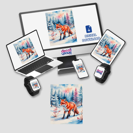 A digital artwork titled A Red Fox In A Winter Forest displayed on multiple devices, highlighting its availability as stickers or digital art from Decal Venue.