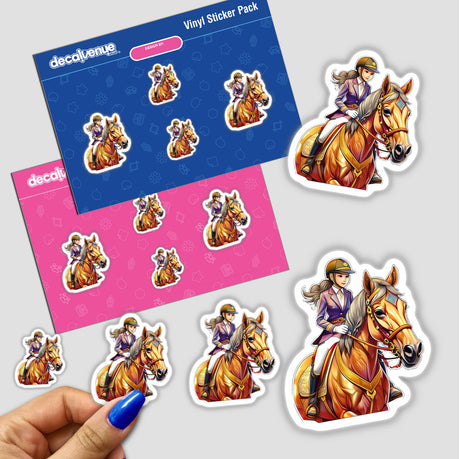 Equestrian-themed digital artwork featuring stickers of female riders on horses, displayed in a Decal Venue sticker pack. The stickers showcase the detailed, colorful designs of the riders and their horses.