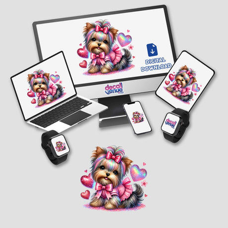 Irridescent Glitter Hearts Yorkie Dog displayed on various devices, showcasing the vibrant sticker or digital artwork options available from Decal Venue.