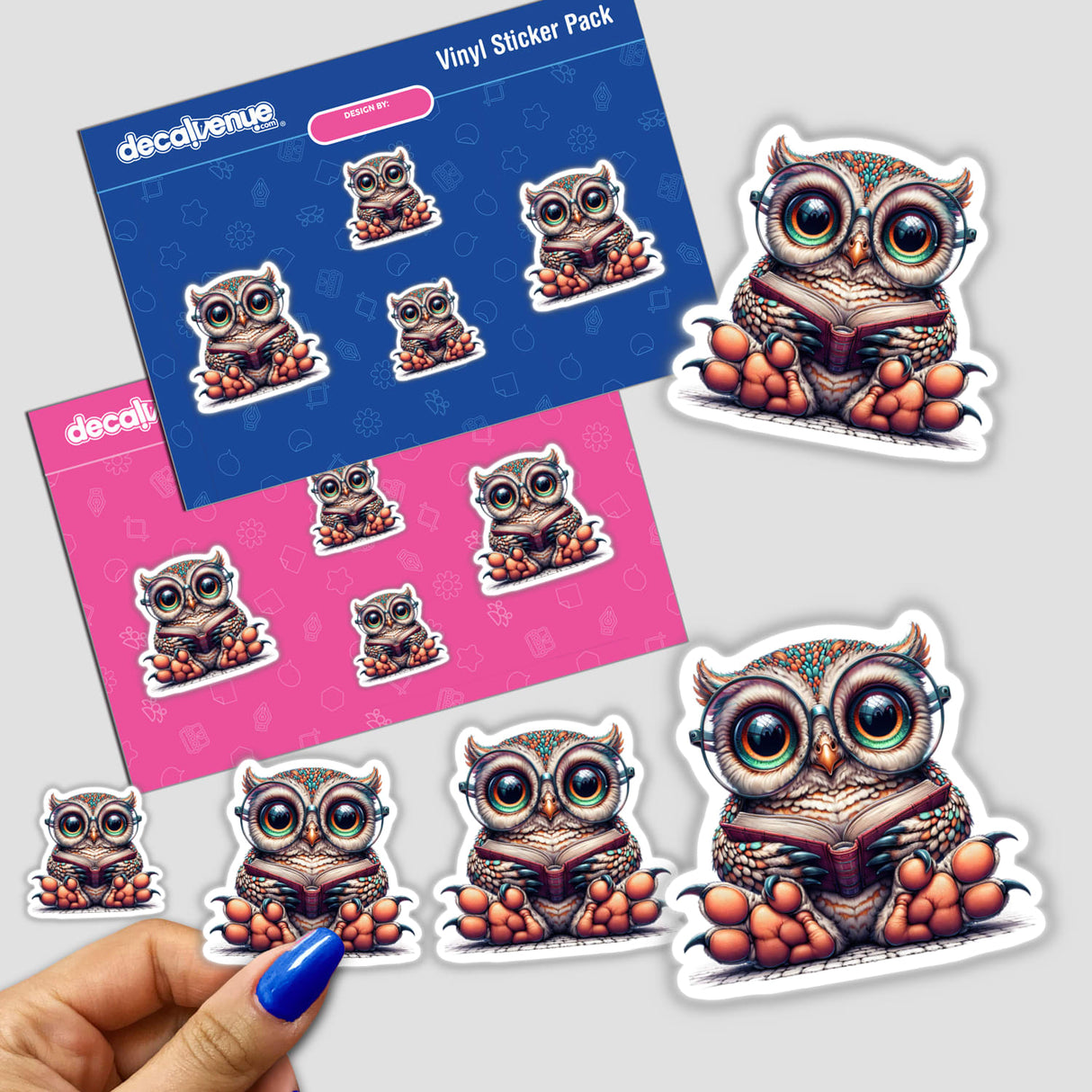 Sticker of a cute owl with reading glasses, engrossed in an open book, perfect for lovers of unique vinyl stickers and digital art from Decal Venue.