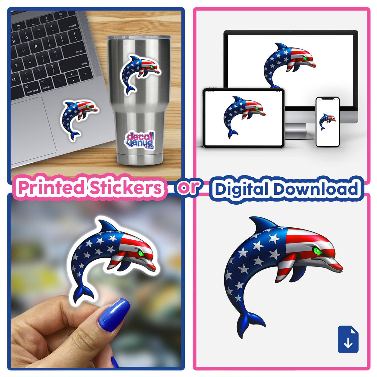 A Cool American Flag Dolphin sticker collage featuring dolphins with flag patterns, including a laptop adorned with the same design, available as unique stickers or digital artwork from Decal Venue.