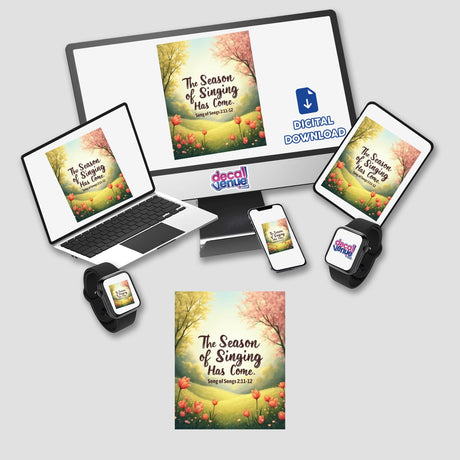 The Season of Singing Has Come – Bible Verse About Spring Sticker or Clipart features a landscape on a computer and laptop screens, highlighting digital artwork available with commercial rights.