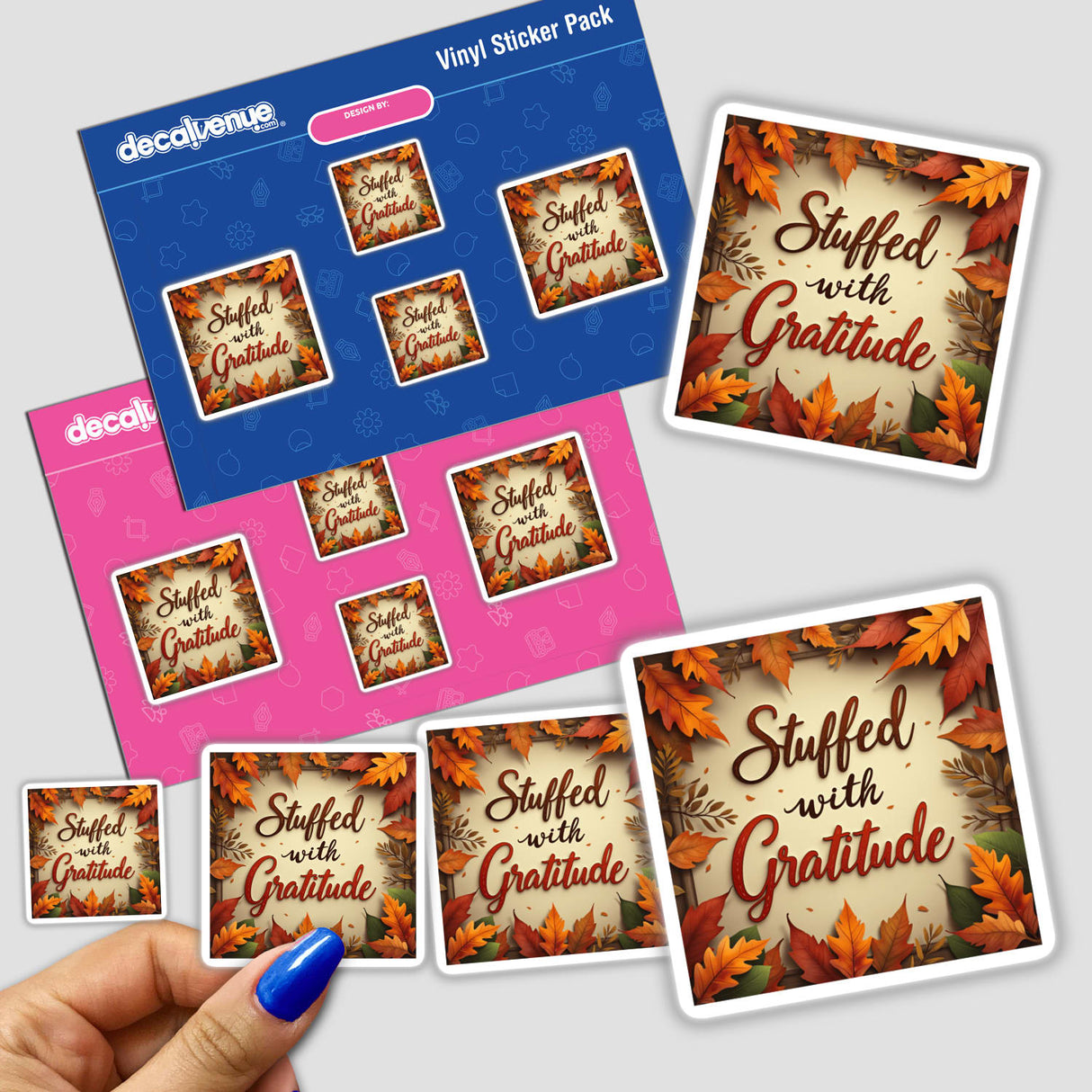 Stuffed with Gratitude Thanksgiving Sticker & Clipart features a collection of stickers with fall leaves, perfect for Thanksgiving themes, available for purchase as stickers or digital artwork with commercial rights.