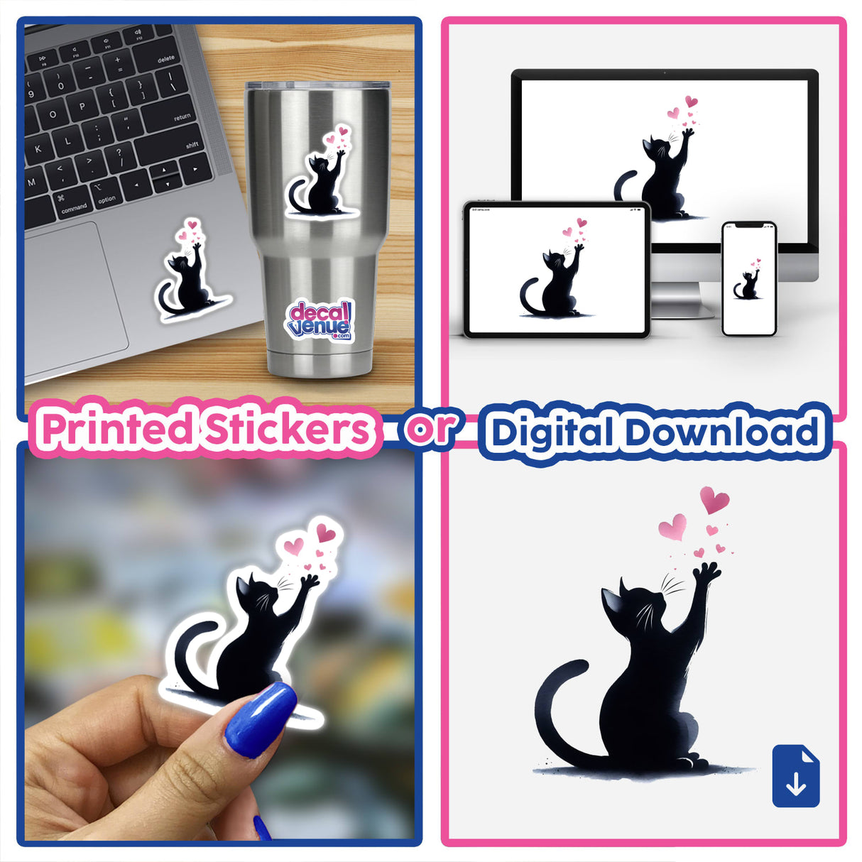 Stylized black cat silhouettes reaching for hearts, available as printed stickers or digital downloads, showcased on a variety of product mockups including a laptop, devices, and a hand-applied sticker.