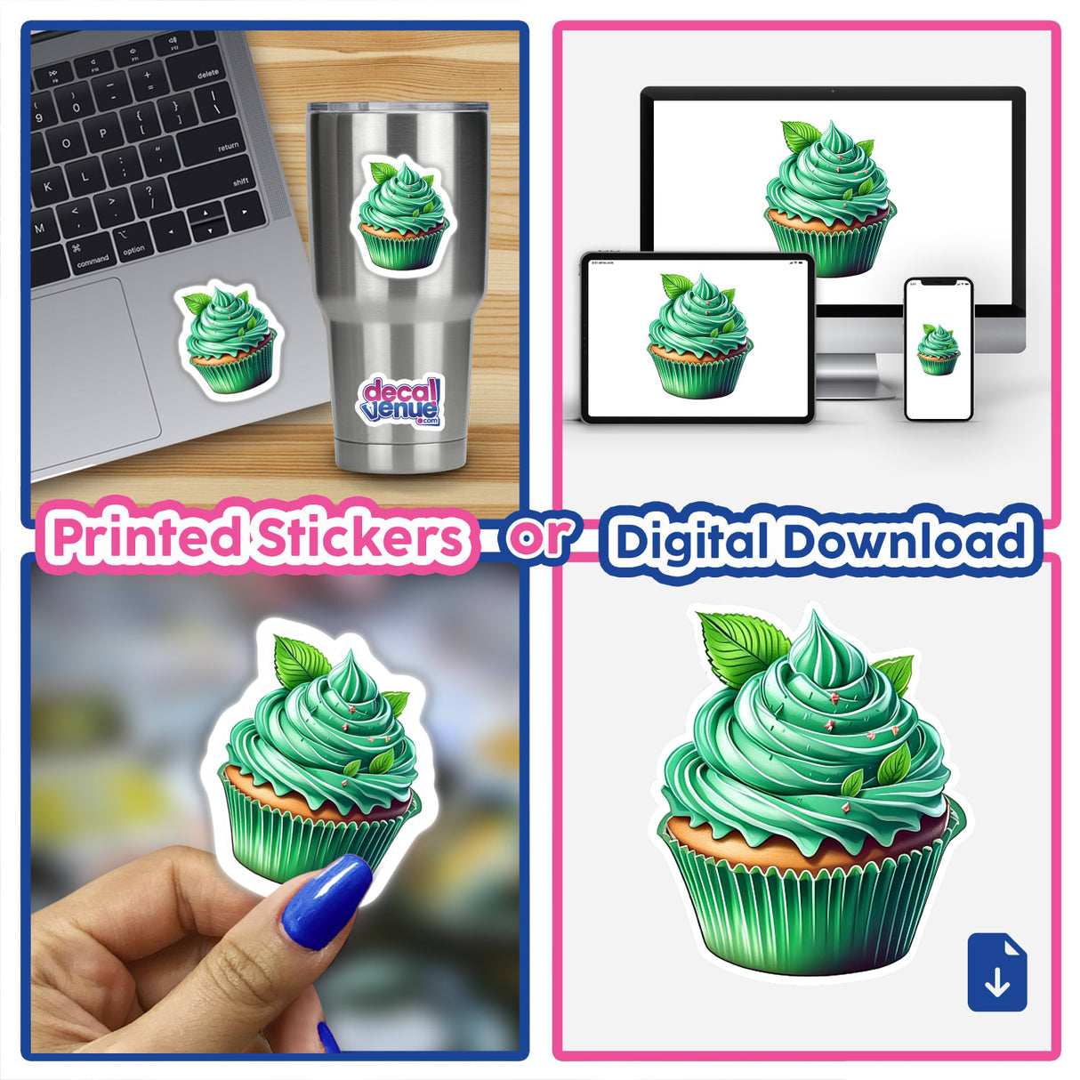 Vibrant mint-colored digital cupcake sticker on a variety of products and devices, including a laptop, tumbler, and mobile screens, showcasing the versatility of the Decal Venue's digital artwork.