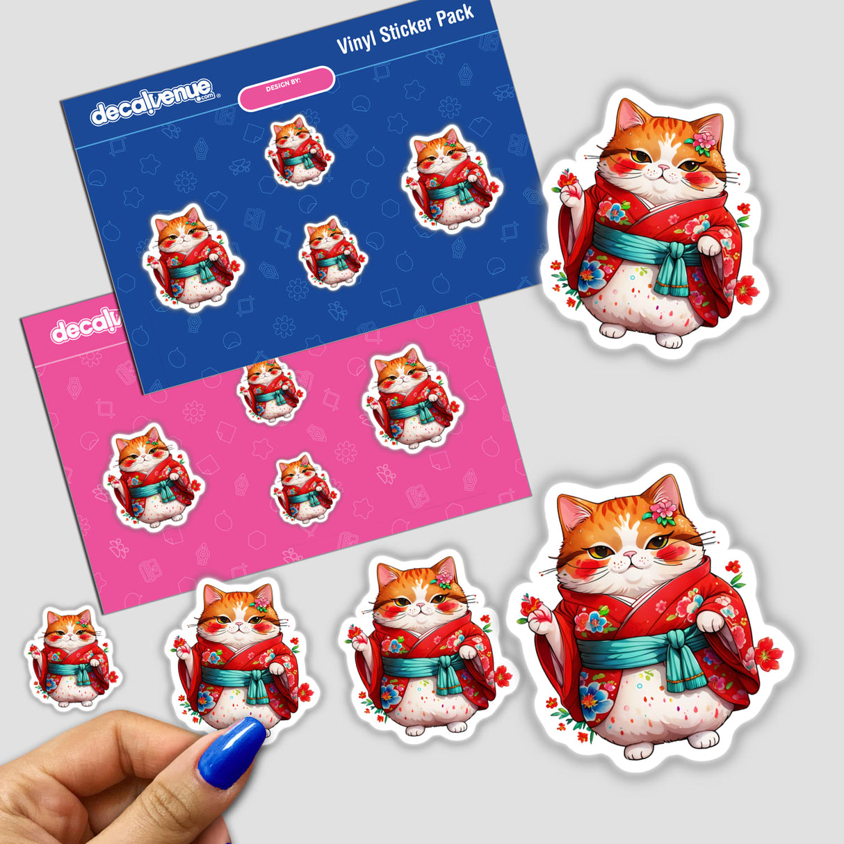 Chubby Kimono Kitty: Adorable Fat Cat in Red Robes sticker pack featuring various cartoon cats in kimonos, held by a hand and displayed closely for detailed view.