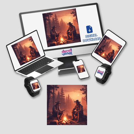 Outback Retreat digital artwork featuring cowboys around a campfire, displayed on a laptop screen. Available as stickers or digital art from Decal Venue.