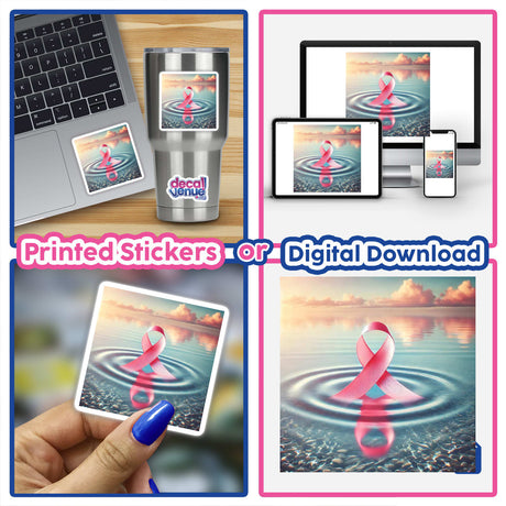 Healing Waters - Pink Ribbon Floating on a Calm Sea sticker or digital artwork, featuring a pink ribbon gently resting on a serene laptop screen, symbolizing tranquility and hope.