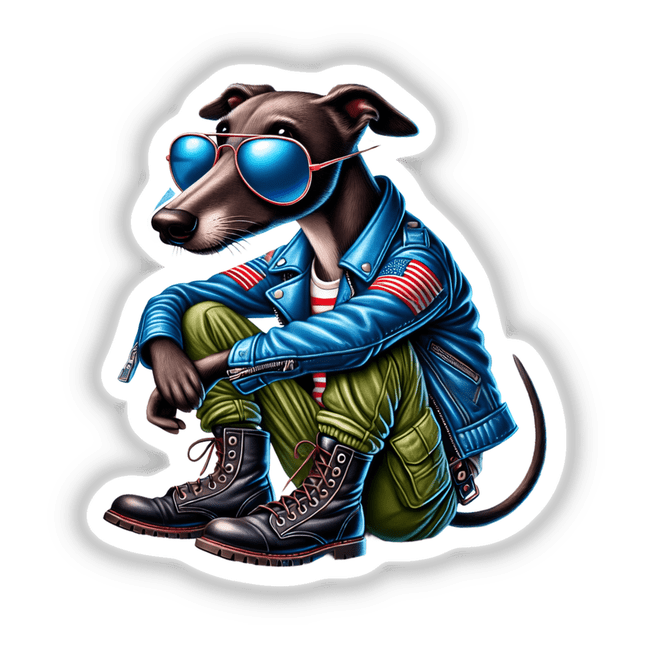 Patriotic Leather Greyhound Dog Aviator Sunglasses - Illustrated digital artwork of a stylish dog wearing a leather jacket, sunglasses, and boots, against a white background.