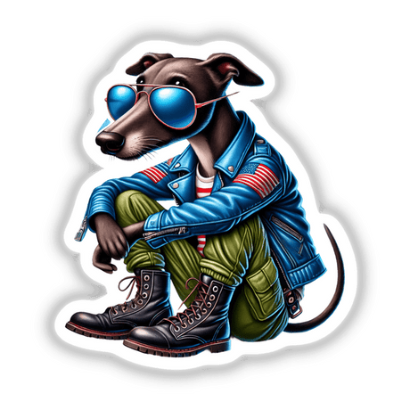 Patriotic Leather Greyhound Dog Aviator Sunglasses - Illustrated digital artwork of a stylish dog wearing a leather jacket, sunglasses, and boots, against a white background.