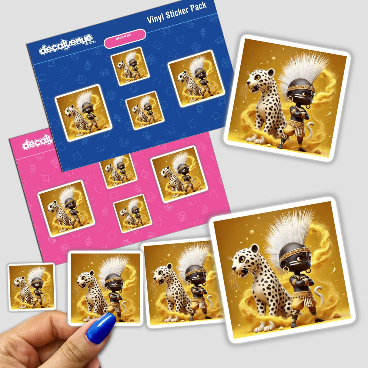 African Tribal Warrior sticker pack featuring cartoon characters, including a cheetah and tribal figures. Ideal for collectors of unique vinyl stickers or digital artwork from Decal Venue.