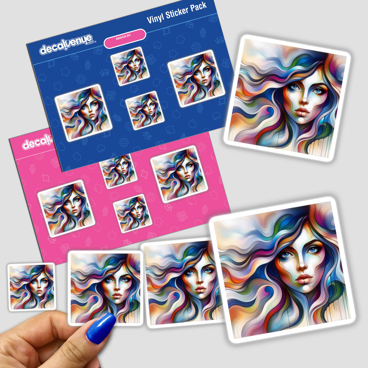 Sticker featuring a woman's face with vibrant, colorful hair, titled Multi color woman, available as a sticker or digital artwork from Decal Venue.