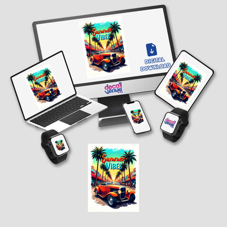 Summer Vibes Hot Rod Car displayed on various devices, including a laptop and tablet, showcasing a car amidst palm trees. Available as stickers or digital artwork from Decal Venue.