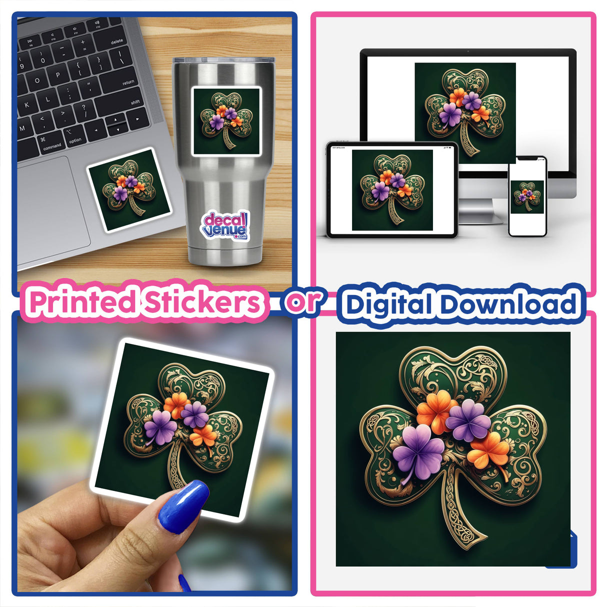 Golden Filigree Shamrock with Vibrant Orange and Purple Clover Accents featured among various clover-themed images, showcasing its intricate design and unique style, ideal for stickers or digital art.