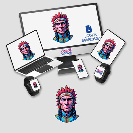 Native American Warrior Chief illustration displayed on a computer monitor and various devices, available as stickers or digital artwork from Decal Venue.