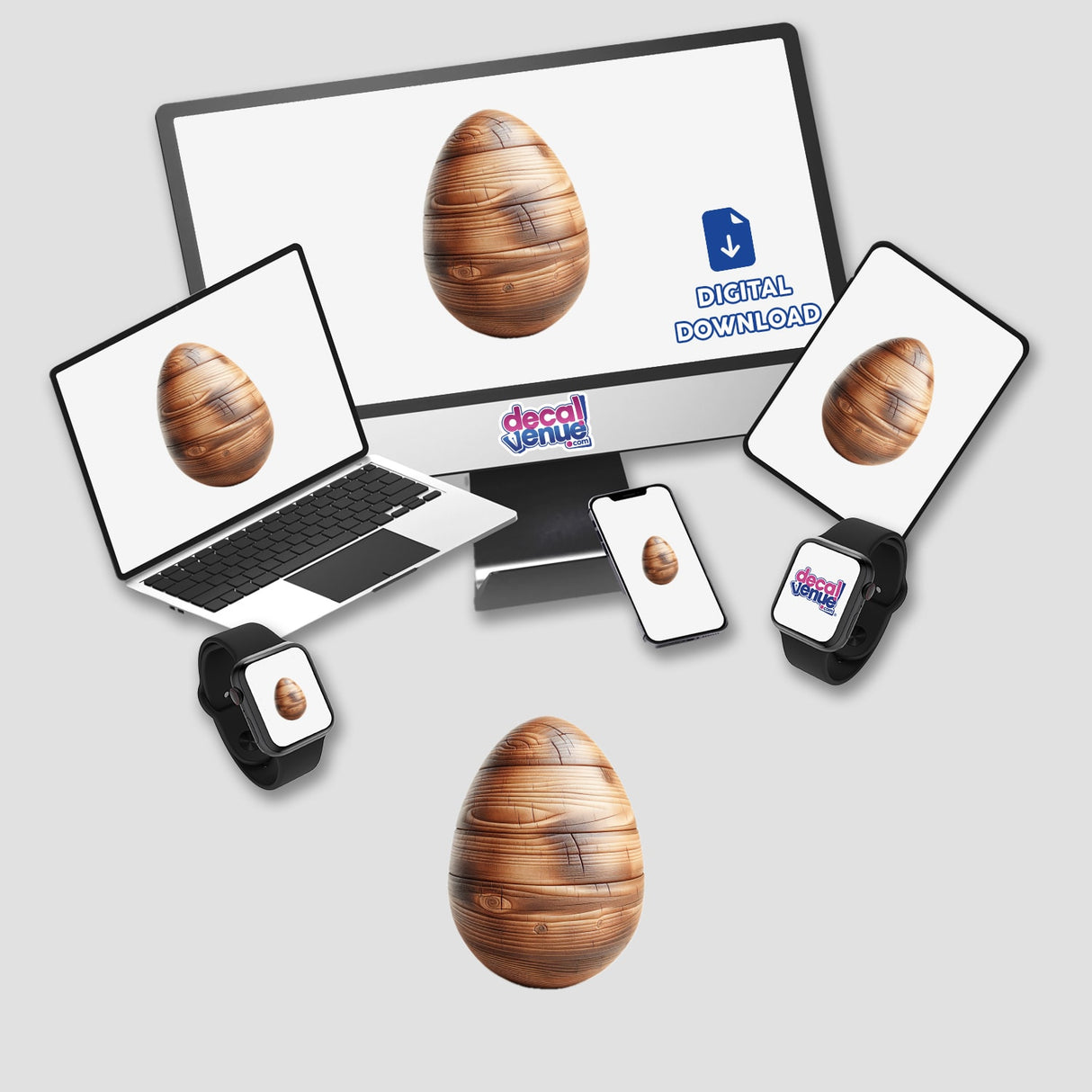 Carved Wood Egg displayed on a computer monitor and laptop screen, available as stickers or digital artwork. Perfect for adding a unique touch from Decal Venue's collection of distinctive designs.