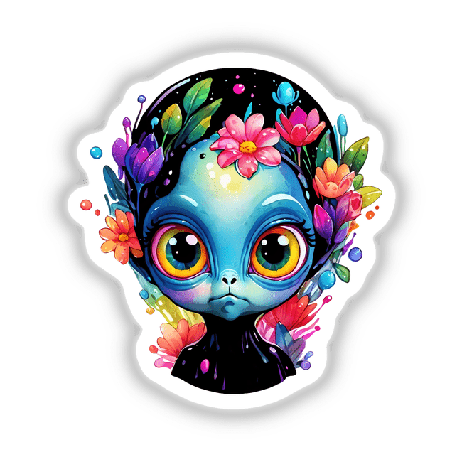 Grumpy Extraterrestrial: Floral Splash Alien Sticker featuring a cartoon alien with flowers on its head, highlighting its big eyes and quirky design, available as stickers or digital artwork.