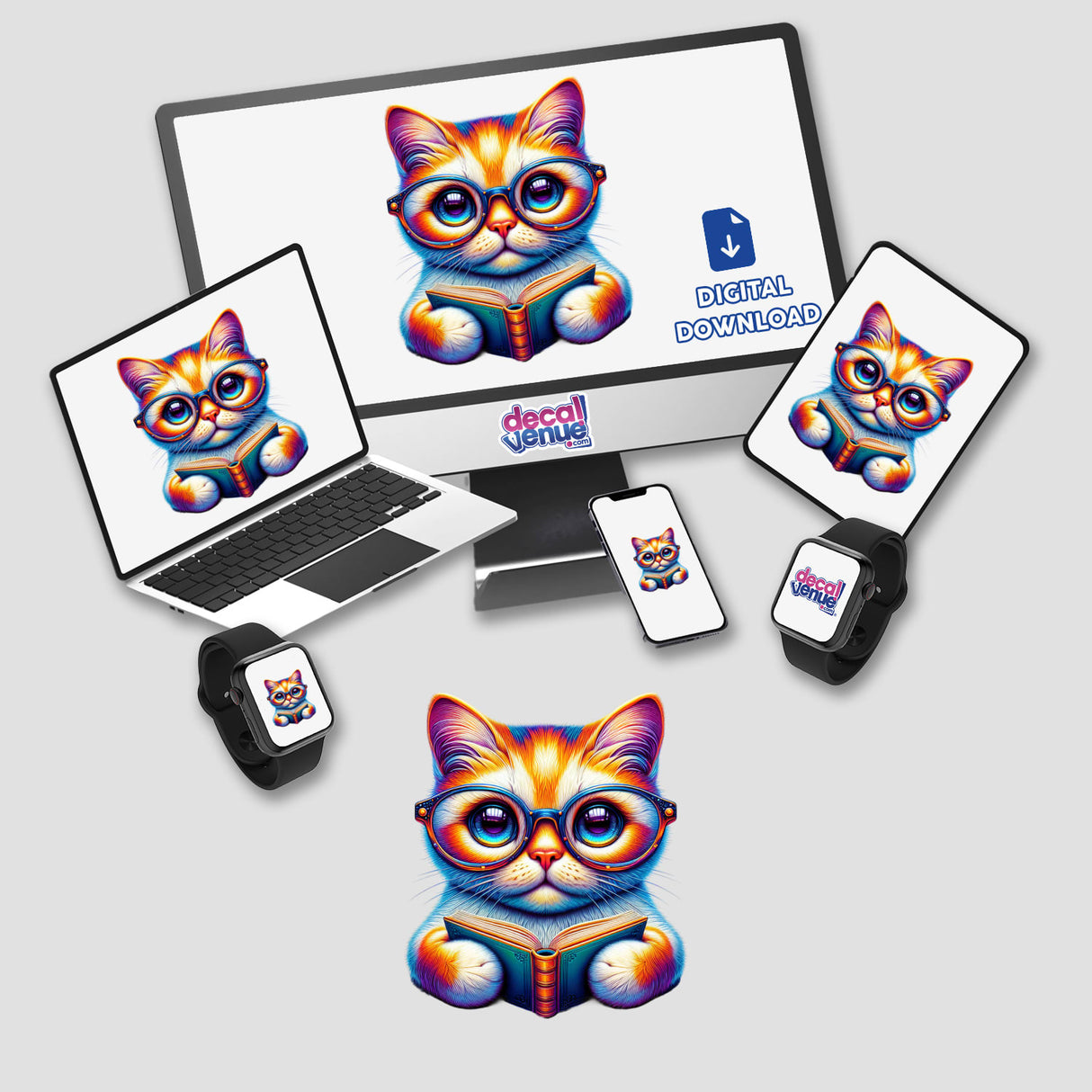 Cat With Reading Glasses Open Book displayed on computer monitor and laptop, available as stickers or digital artwork, showcasing a cartoon cat reading with glasses, reflecting Decal Venue's unique style.