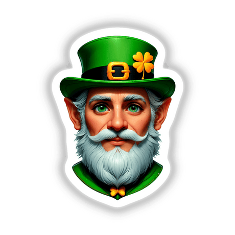 St. Patrick's Day Leprechaun cartoon featuring a white-bearded character in a green hat, available as stickers or digital artwork. Perfect for adding a festive touch from Decal Venue.