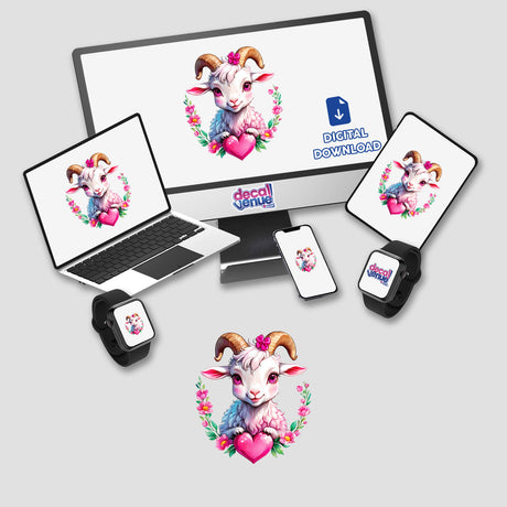 Cartoon goat with a bow, big pink eyes, holding a sparkly heart, displayed on a monitor, laptop, and smartwatch. Available as stickers or digital artwork from Decal Venue.