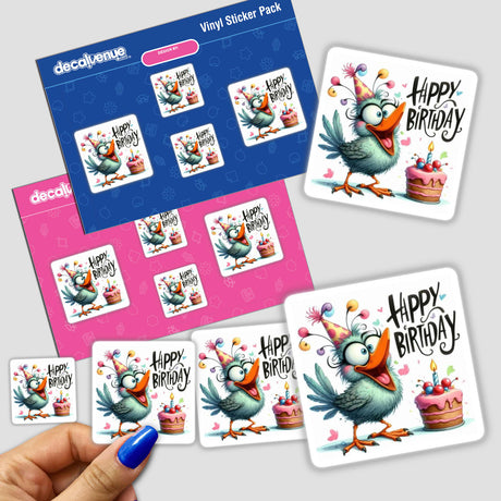 Birthday Series sticker pack featuring cartoon birds in party hats and cakes, ideal for decorating various surfaces.