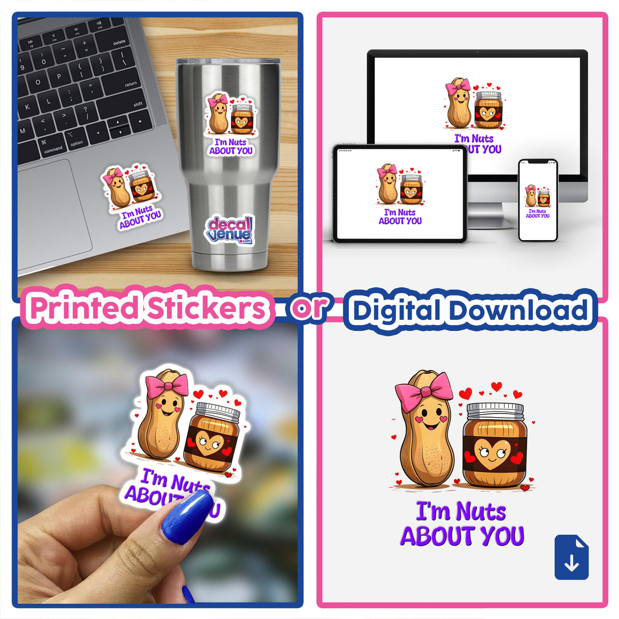 I'm Nuts About You sticker featuring a cartoon peanut with a pink bow and a jar with a face, available as vinyl stickers or digital artwork.