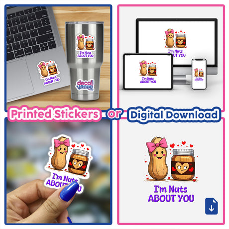 I'm Nuts About You sticker featuring a cartoon peanut with a pink bow and a jar with a face, available as vinyl stickers or digital artwork.