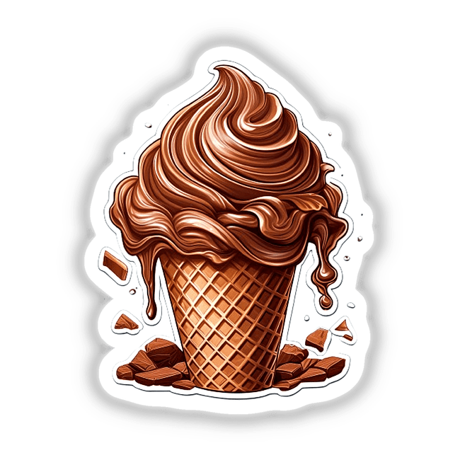 Delicious chocolate ice cream cone with a swirled creamy topping, surrounded by chocolate shavings and waffle cone pieces, creating a mouthwatering digital artwork.