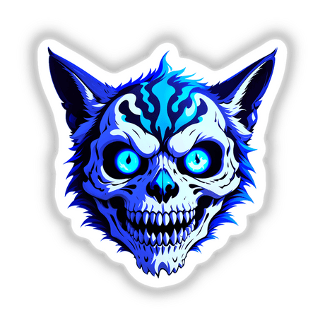 A Cool Undead Cat Skull design featuring a blue and white skull with striking blue eyes, available as unique stickers or digital artwork from Decal Venue.