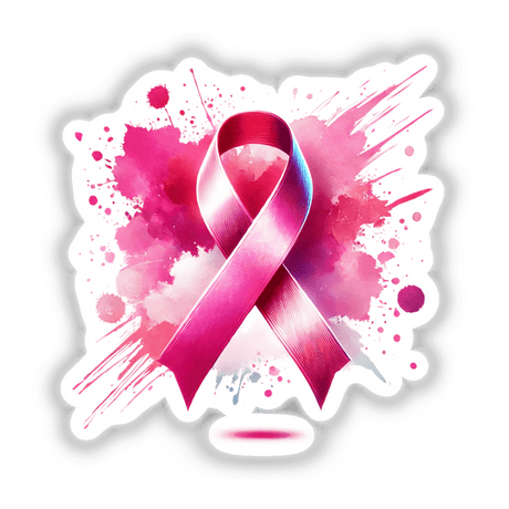 Watercolor Splash Pink Ribbon Breast Cancer Awareness sticker or digital artwork featuring a pink ribbon on a textured background.