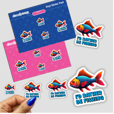 I'd Rather Be Fishing sticker shows a blue and pink fish design, ideal for fishing enthusiasts. Available as a vinyl sticker or digital artwork from Decal Venue.