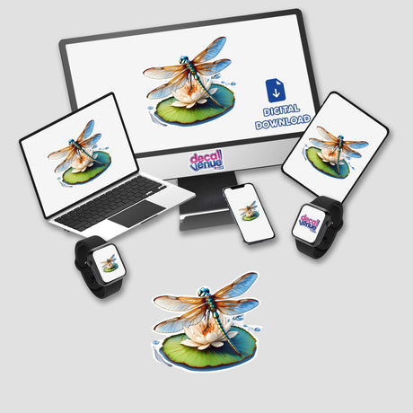 Vibrant digital artwork of a dragonfly perched on a lilypad, showcased across various devices and products from the Decal Venue store. The intricate design and vivid colors make this a captivating digital download for sticker enthusiasts and nature lovers alike.