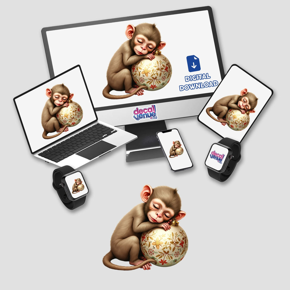 Monkey Sleeping on Christmas Ornament displayed on a computer monitor and laptop, available as stickers or digital artwork from Decal Venue.