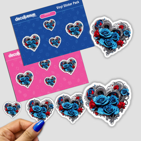 Sparkling Silver Heart sticker featuring blue and red roses, showcased in a sticker pack with a hand holding one. Available as stickers or digital artwork from Decal Venue.