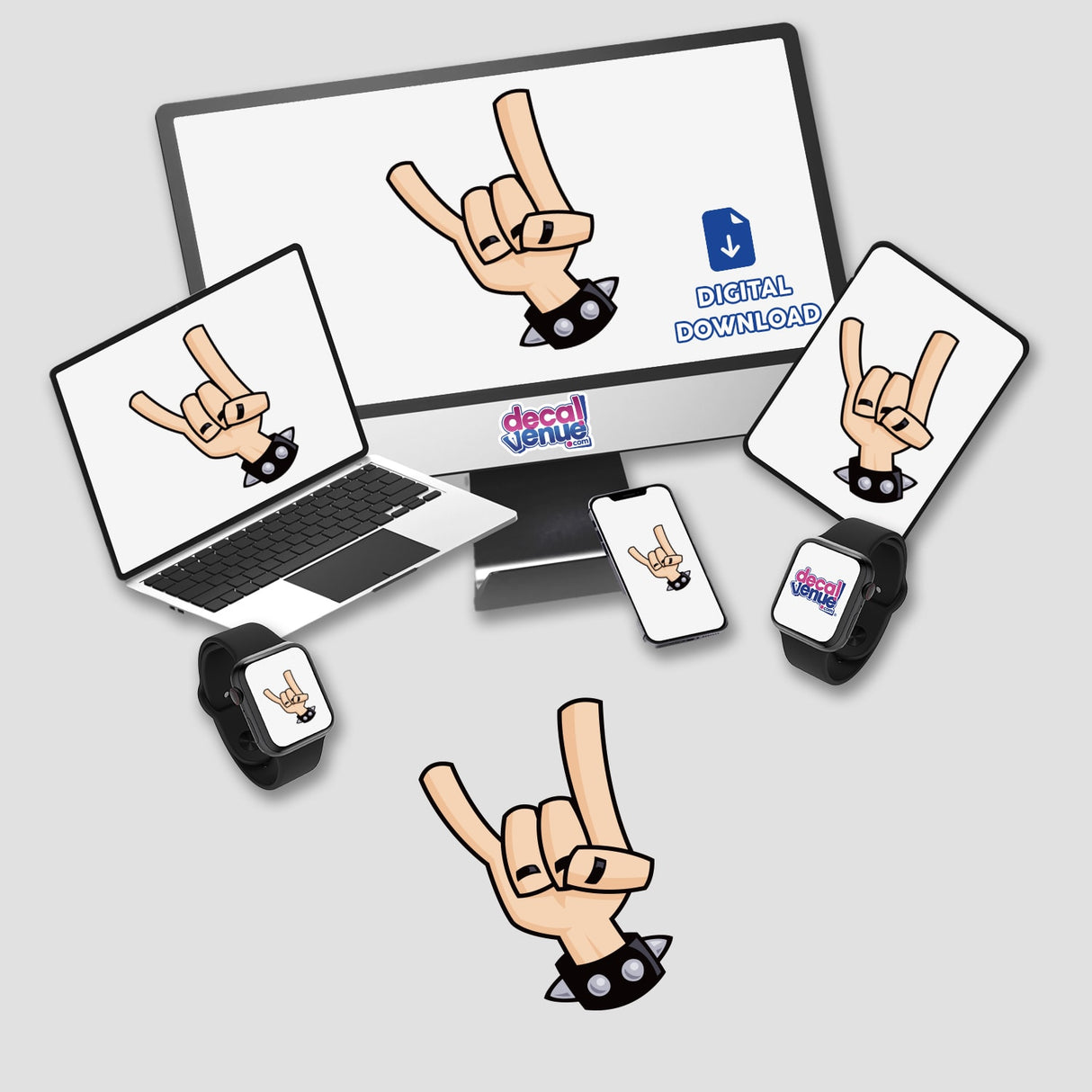 Heavy Metal Devil Horns sticker features a cartoon hand with black nails and bracelet, displayed on a laptop screen. Perfect for music lovers, available at Decal Venue.