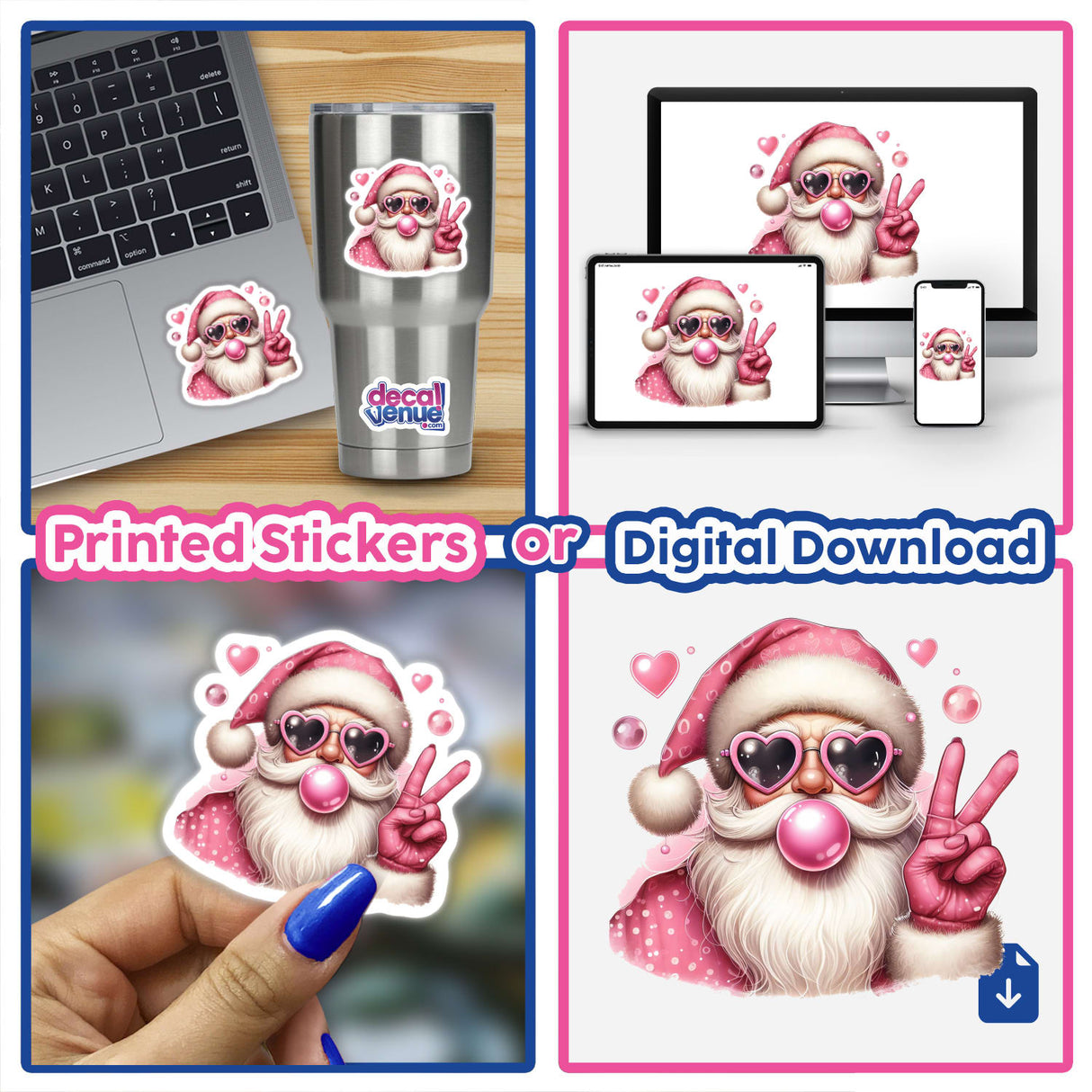 Retro Pink Christmas Santa Claus Blowing Bubble II sticker features Santa with pink sunglasses blowing bubble gum, set on a laptop. Available as stickers or digital artwork.