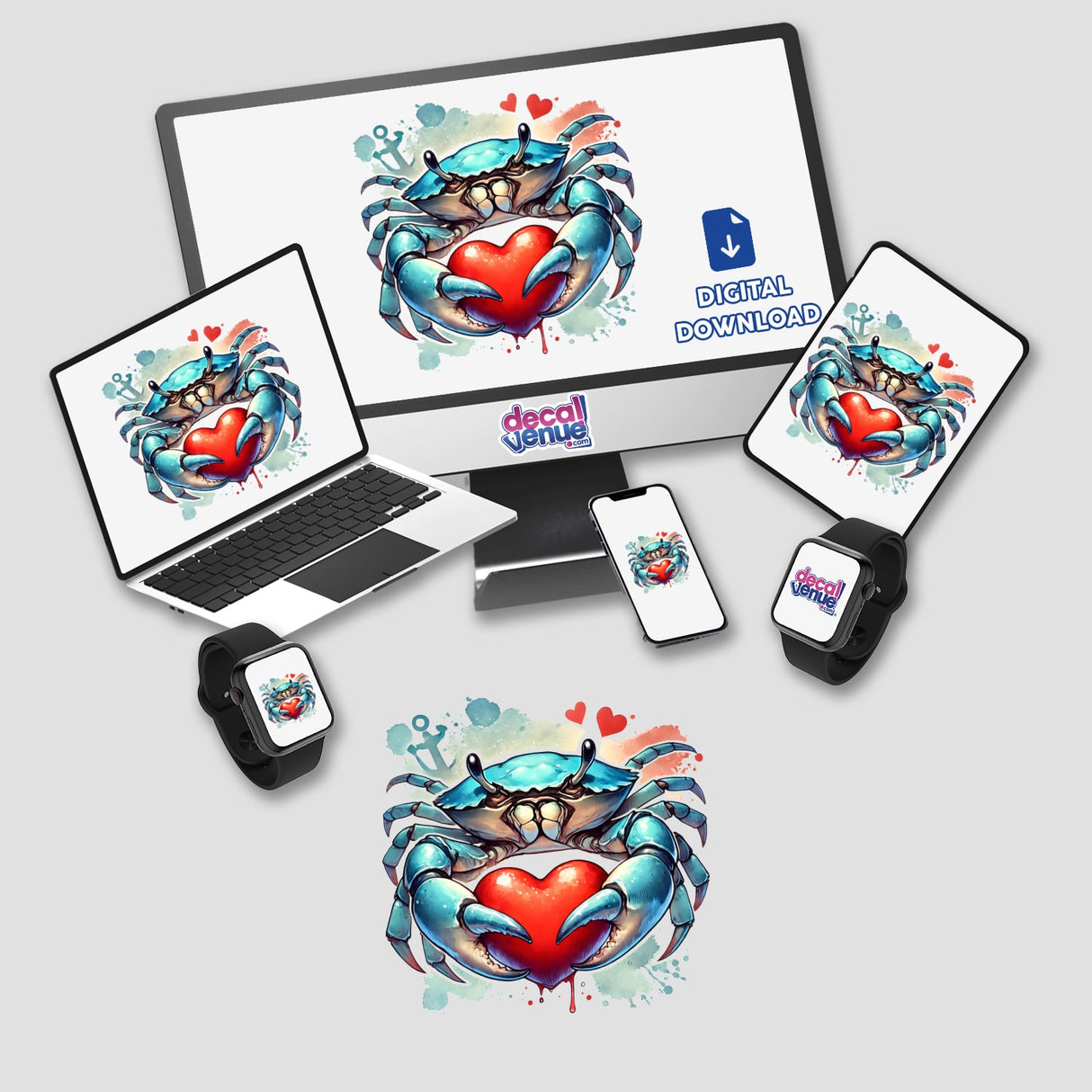 Watercolor Blue Crab Embracing Heartpng shown on devices including a monitor, laptop, and smartwatch, highlighting its availability as stickers or digital artwork from Decal Venue.