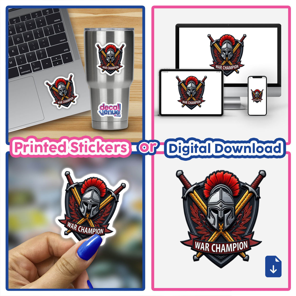 Collage featuring various WAR CHAMPION stickers, including close-ups of warrior helmets and crossed swords. A laptop and a fingernail adorned with these unique decals are also visible.