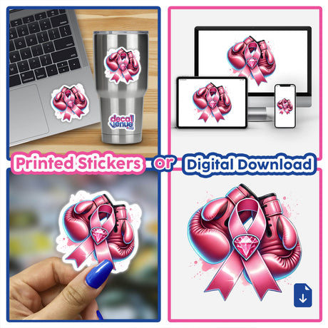 Pink Breast Cancer Ribbon and Gloves collage featuring stickers and digital artwork, including a laptop with a ribbon sticker, emphasizing awareness and support.