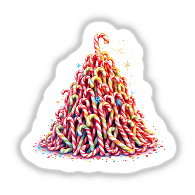 Candy Cane Stacked Pyramid, featuring a detailed pile of candy canes arranged artistically, available as unique stickers or digital artwork from Decal Venue.