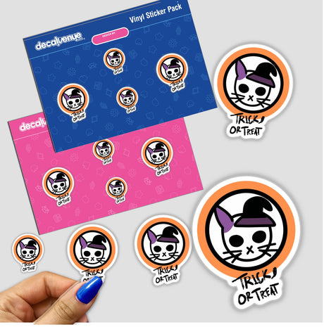 Hand holding Halloween Cat Bunny Icon sticker featuring a cat with a hat.