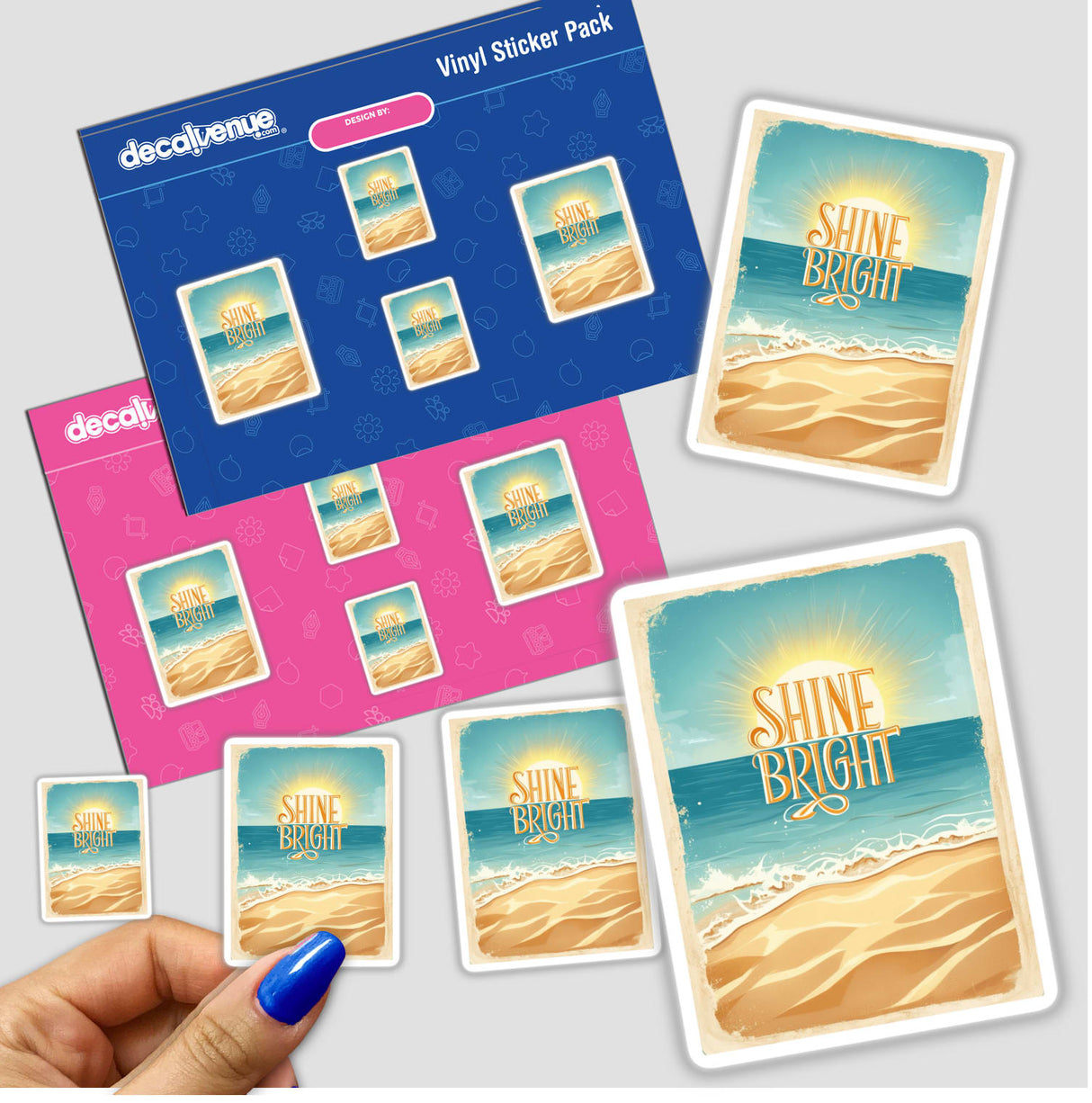 Sunlit Beach Scene with 'Shine Bright' Typography sticker featuring a serene beach with waves and a sun, captured in a close-up view with a finger pointing at it.