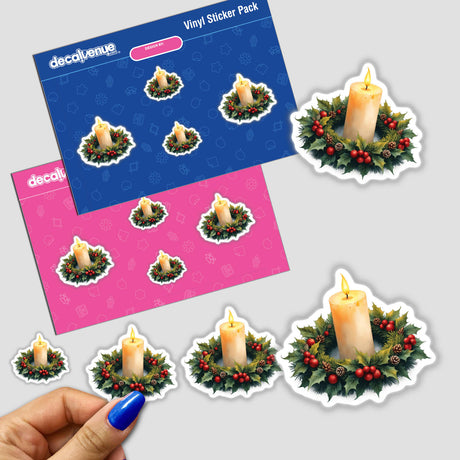 Sticker pack featuring 'Candle in a Christmas Wreath', showcasing detailed designs of candles nestled in holly wreaths, available as charming stickers or digital artwork from Decal Venue.