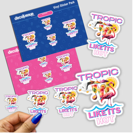 Summer beach sticker pack featuring various tropical designs, including drinks and birds, available as stickers or digital artwork.