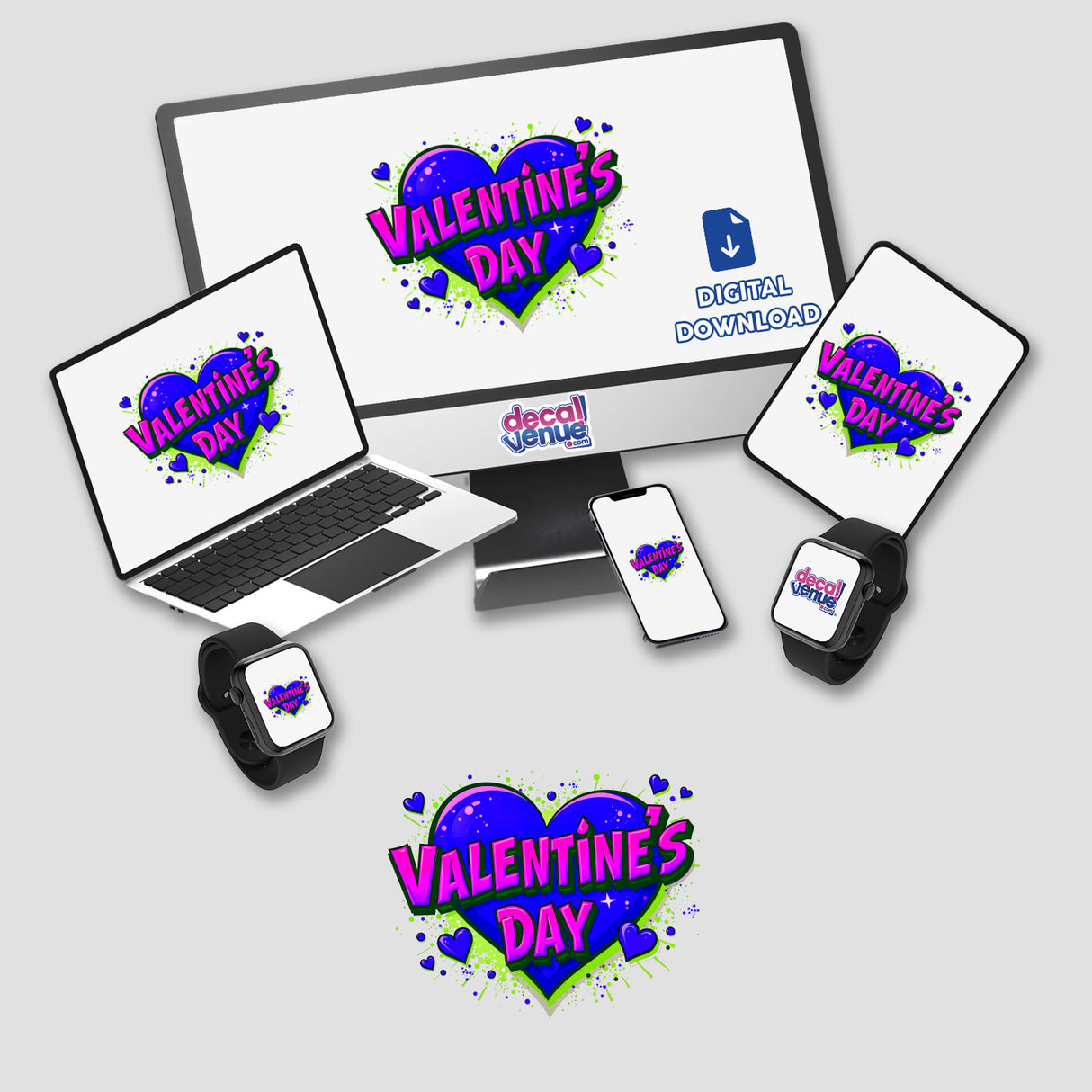 Valentine's Day Love Heart depicted on a laptop screen and tablet, alongside a computer monitor and smartphone, ideal for stickers or digital artwork.