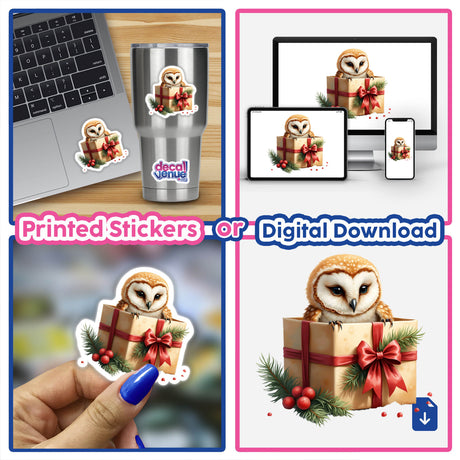 Owl in Christmas Present Box design featuring a cute owl nestled in a gift box, perfect for holiday-themed stickers or digital downloads from Decal Venue.